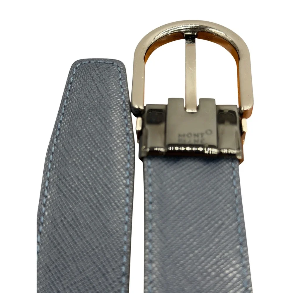 Montblanc Horseshoe Buckle Belt Mens SZ 28 Black Blue Reversible Leather Classic
